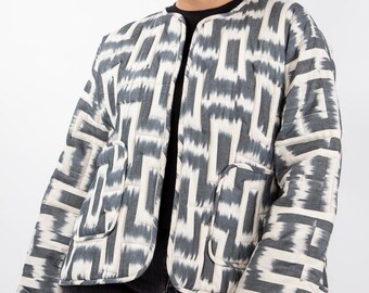 This unique jacket made from high quality Ikat fabric, combines traditional art with modern style.