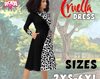 Midi Dress Inspired by Cruella De Vil / Sizes 2XS-6XL / 101 Dalmatians / Elegant / Long Sleeve / With Pockets
