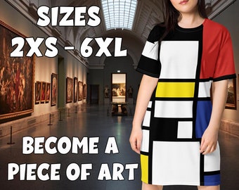 T-shirt dress inspired by Piet Mondrian / Artistic Dress / Painting on Clothing / Neoplasticism / Composition II in Red, Blue, and Yellow