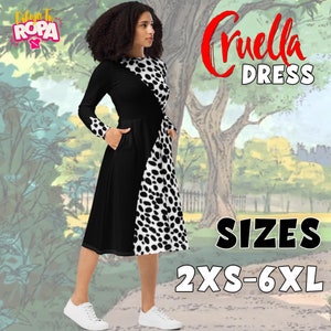 Vestido Midi Inspirado en Cruella De Vil / Tallas 2XS-6XL / 101 Dálmatas / Elegante / Manga Larga / Con Bolsillos