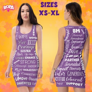 Puede incluir: Un vestido morado sin mangas con texto blanco impreso por toda la superficie. El texto incluye palabras como "Wife", "Free", "Courage", "Sister", "Strong", "Feminism", "Unique", "Dream", "Daughter", "8M", "Housewife", "Humanitarian", "Empowered", "Beauty", "Queen", "Partner", "Sororidad", "Sweet", "Diversity", "Valor", "Generous", "Actitud", "Liberal", "Support".