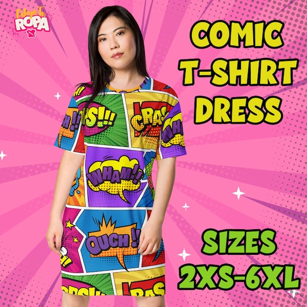 Robe T-shirt femme inspirée des expressions comiques / Comic Snacks / Onomatopée / Coloré / Tailles 2XS - 6XL