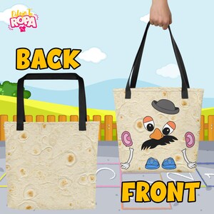 May include: A beige tote bag with black handles, featuring a cartoon character design on the front and a textured pattern on the back. The front of the bag displays a character with a hat, mustache, and shoes. The word "FRONT" is in yellow.