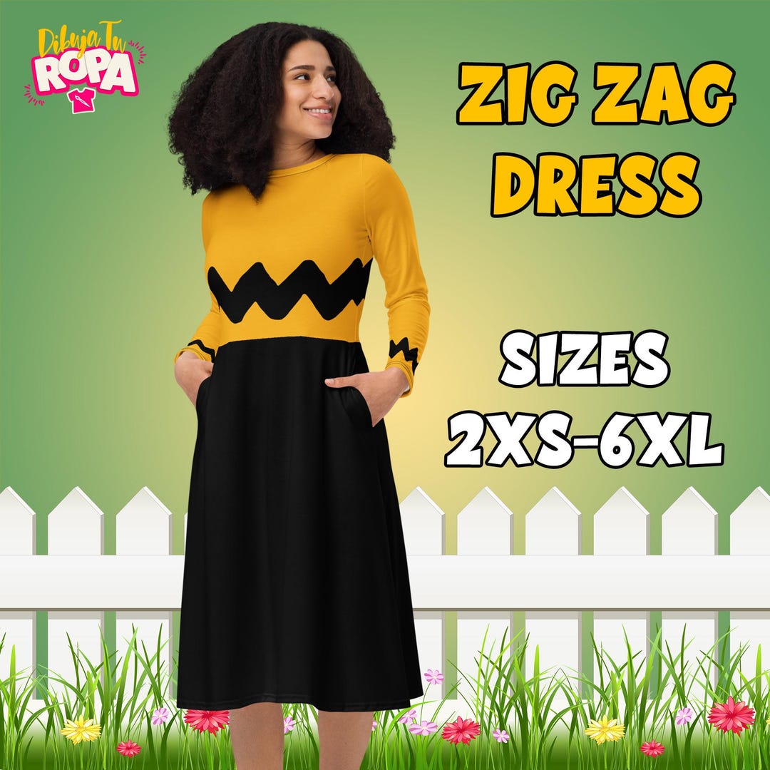 Charlie Brown Inspired Midi Dress | Classic Peanuts Cartoon Cosplay | Yellow Black Zigzag Outfit | Retro Geek Fashion | Sizes 2XS-6XL