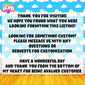 May include: A graphic with a blue sky and cloud background, featuring text that reads "Thank you for visiting." It also includes a request for custom orders and a thank you message to customers. The logo "Detalles de Ropa" is in the top left corner.