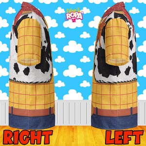 May include: Two aprons, one labeled "Right" and the other "Left", designed to resemble a character's outfit. The aprons feature a yellow plaid pattern, denim-like bottoms, and a cow-print vest. The top of the aprons have a red and brown pattern. The background is a blue sky with white clouds.