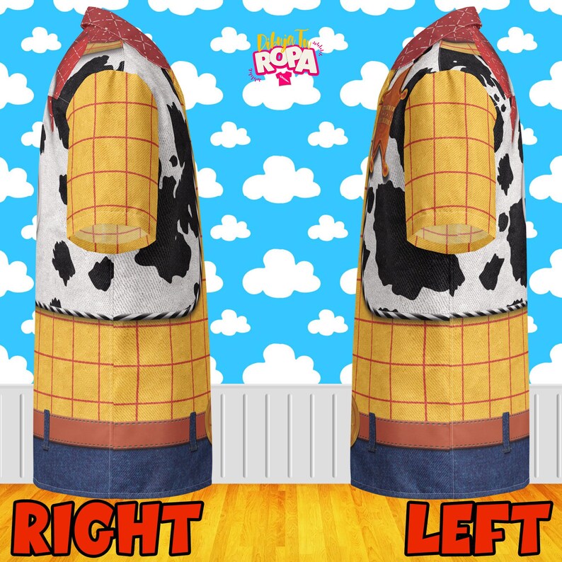 May include: Two aprons, one labeled "Right" and the other "Left", designed to resemble a character's outfit. The aprons feature a yellow plaid pattern, denim-like bottoms, and a cow-print vest. The top of the aprons have a red and brown pattern. The background is a blue sky with white clouds.