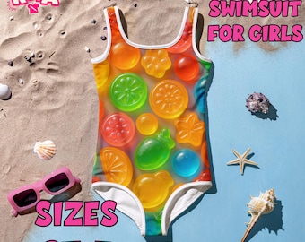 Mädchenbadeanzug mit hyperrealistischen Gummibärchen | Lustiger Pop-Art-Badeanzug | Süße Kawaii-Bademode | Originelles Pool-Outfit