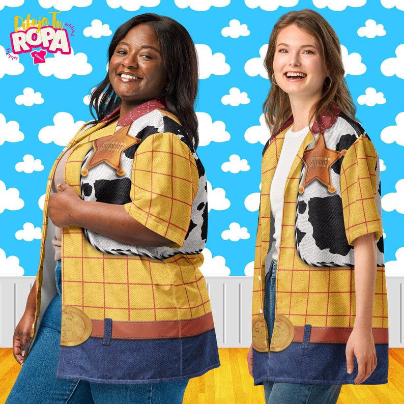 May include: Yellow and red plaid button-up shirt with a cow print accent and a sheriff badge. The shirt has a brown belt and blue denim-like bottom. The shirt is inspired by a popular animated movie character.