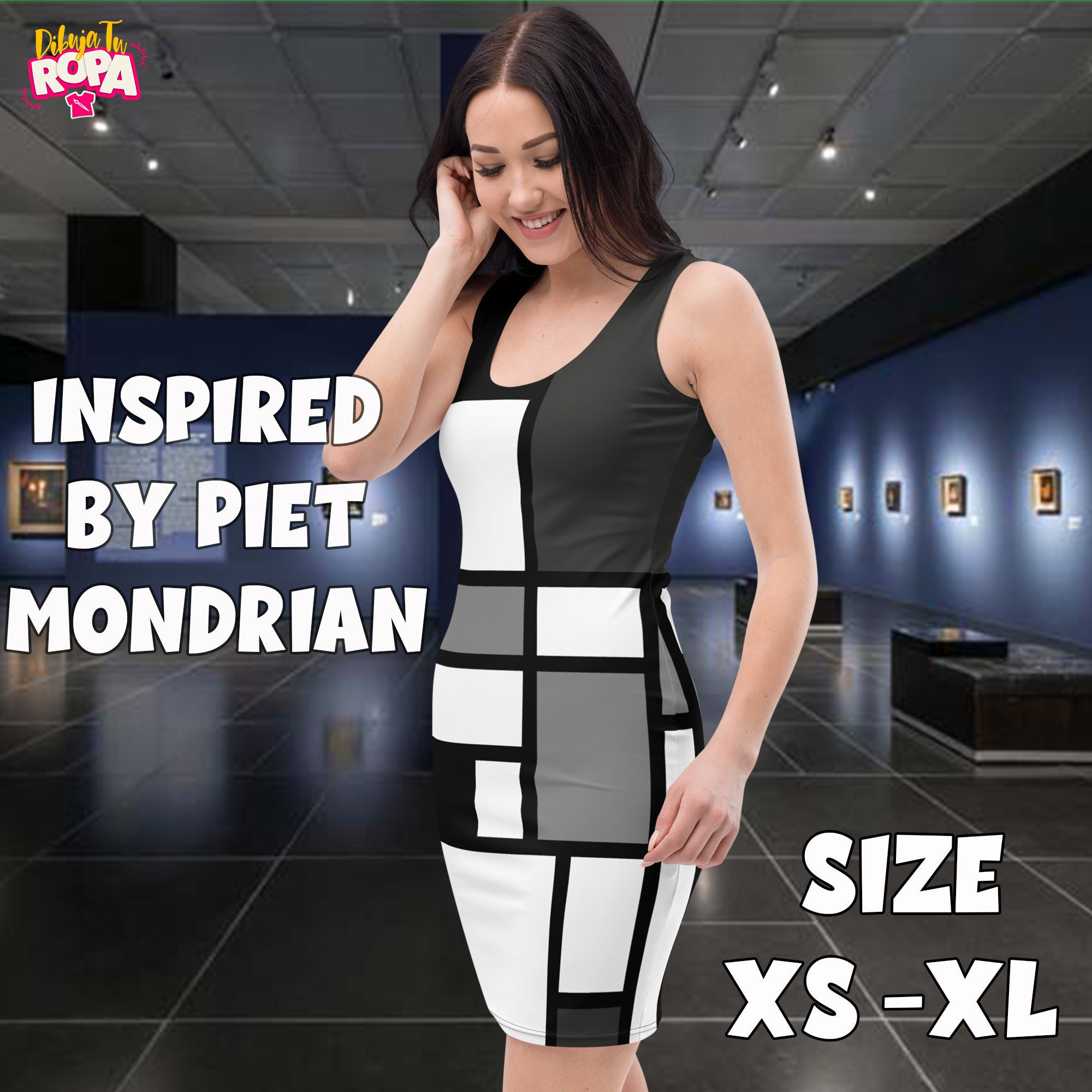 Piet Mondrian inspired Black and White Dress / Artistic Dress / Painting on Clothes / Neoplasticism