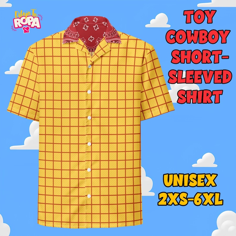 Może przedstawiać: Ż&oacute;łta koszula z kr&oacute;tkim rękawem z czerwonym wzorem kraty, czerwonym kołnierzem w stylu bandany i białymi guzikami. Koszula ma napis "TOY COWBOY SHORT-SLEEVED SHIRT" i "UNISEX 2XS-6XL" na niebieskim tle.