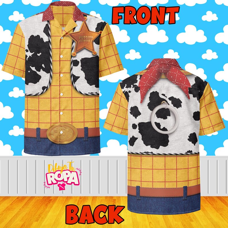 May include: A short-sleeved shirt with a yellow plaid pattern, designed to resemble a sheriff's outfit. It features a cow-print vest, a sheriff's badge, and a brown belt buckle. The back of the shirt has a cow-print yoke and a red neckerchief.