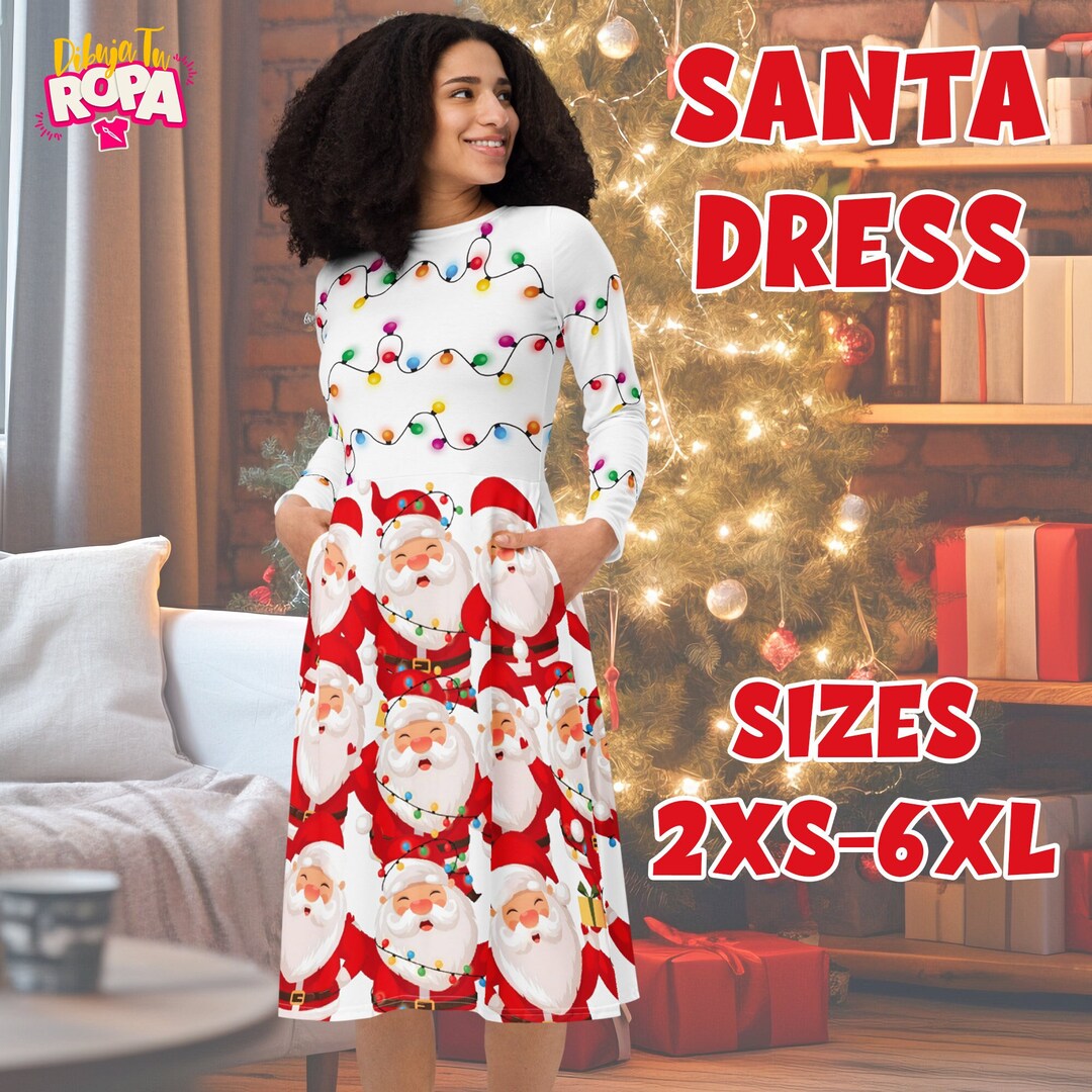 Santa Ress Santa Claus Pattern Midi Dress | Festive Lights & Santa Heads Print ...