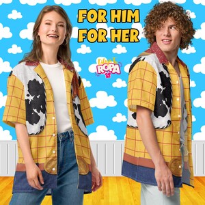 May include: Yellow button-down shirt with a brown and black cowhide pattern and denim accents. The shirt has a red and white collar and a brown belt buckle design. The text "FOR HIM FOR HER" is displayed above the models.