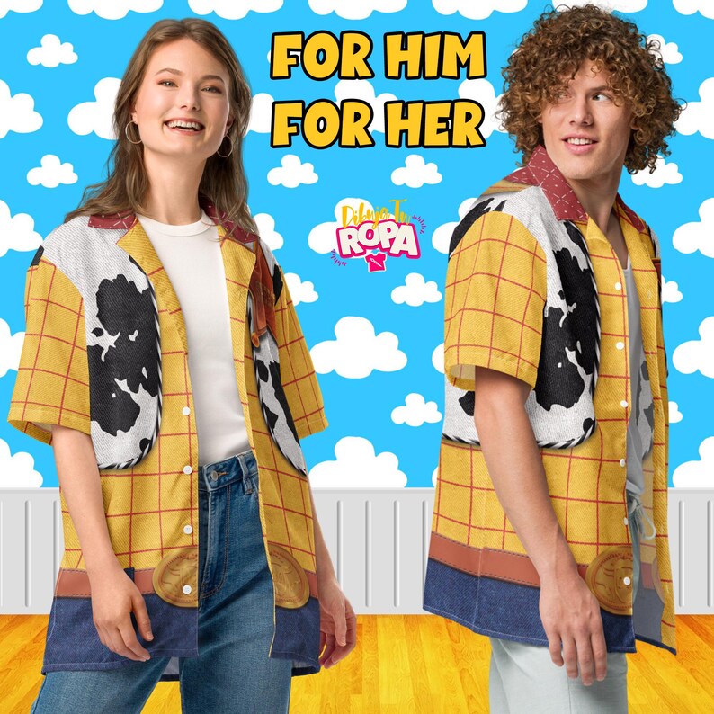 May include: Yellow button-down shirt with a brown and black cowhide pattern and denim accents. The shirt has a red and white collar and a brown belt buckle design. The text "FOR HIM FOR HER" is displayed above the models.