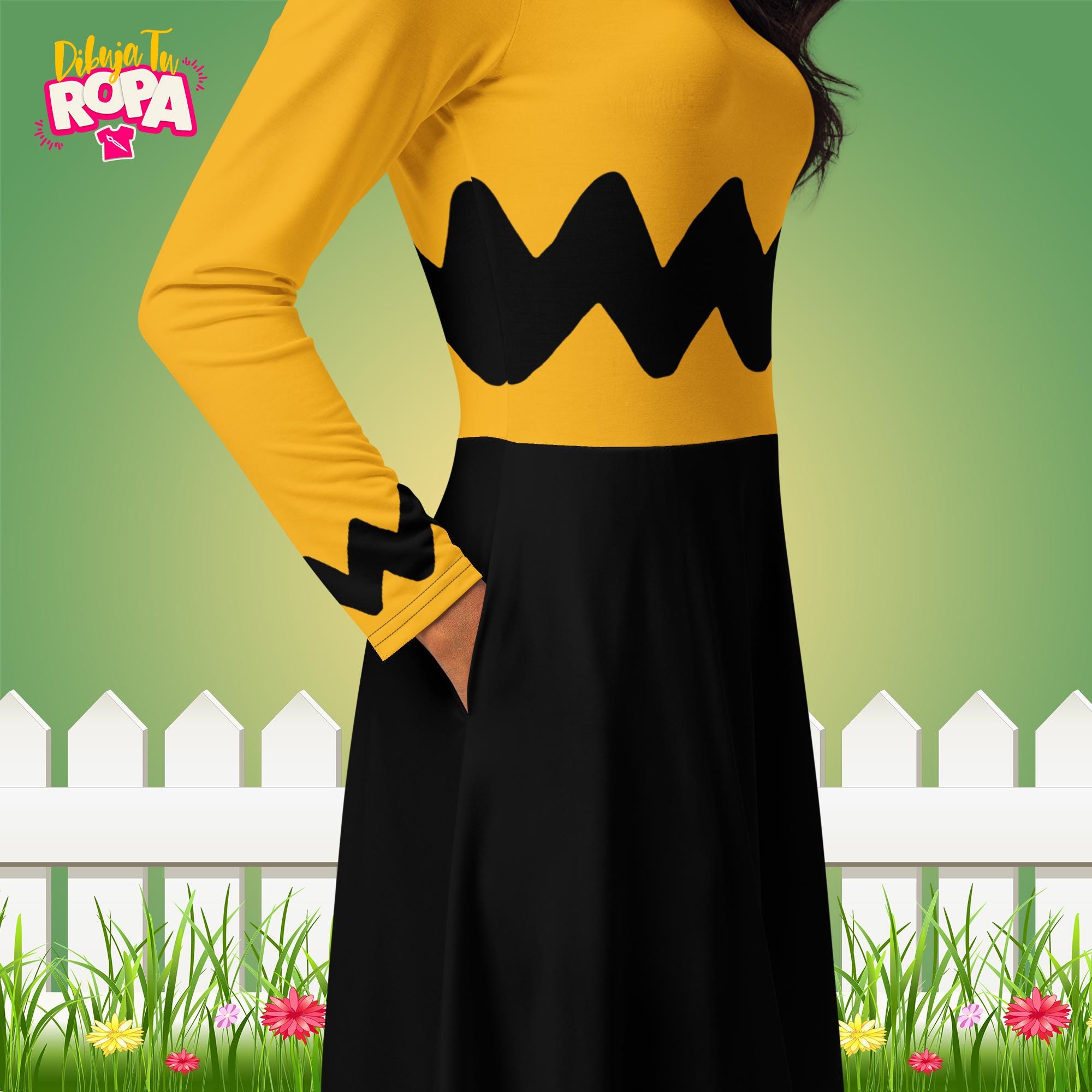 Charlie Brown Inspired Midi Dress | Classic Peanuts Cartoon Cosplay | Yellow Black Zigzag Outfit | Retro Geek Fashion | Sizes 2XS-6XL