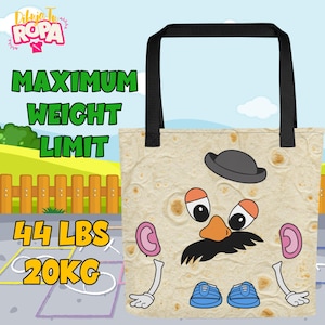 May include: A beige tote bag with a cartoon face design, black handles, and the text "MAXIMUM WEIGHT LIMIT" in green. The bag also displays "44 LBS" and "20KG". The design includes a hat, eyes, nose, mustache, ears, arms, and shoes.