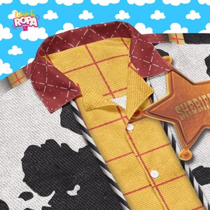 May include: Yellow and red plaid shirt with a brown collar and a sheriff badge. The shirt has white buttons and is set against a cow print background. The shirt is inspired by a popular animated movie.