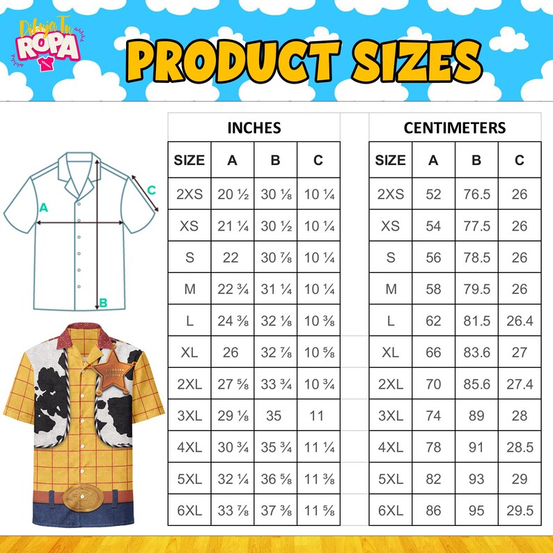 May include: A product size chart for a button-down shirt with a cowboy-themed design. The chart includes measurements in inches and centimeters for sizes 2XS to 6XL. The shirt features a yellow plaid pattern, a brown belt buckle, and a vest with a sheriff star.
