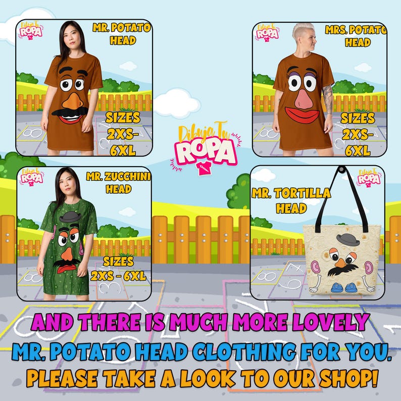 May include: The image showcases a variety of Mr. Potato Head-themed apparel and accessories. Featured are brown dresses, a green dress, and a tote bag, all adorned with the character's likeness. The text on the image reads "Mr. Potato Head," "Mrs. Potato Head," "Mr. Zucchini Head," and "Mr. Tortilla Head."