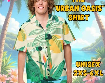 ユニセックス トロピカル ハワイアン シャツ、ヤシの木のプリント ベクター アート付き半袖シャツ、美的サマーバケーションコア ウェア