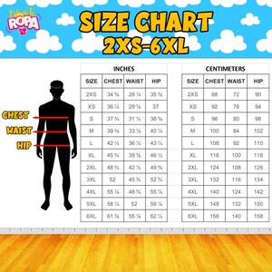 May include: A size chart for clothing, with measurements in inches and centimeters. The chart includes chest, waist, and hip measurements for sizes 2XS to 6XL. A silhouette indicates where to measure.