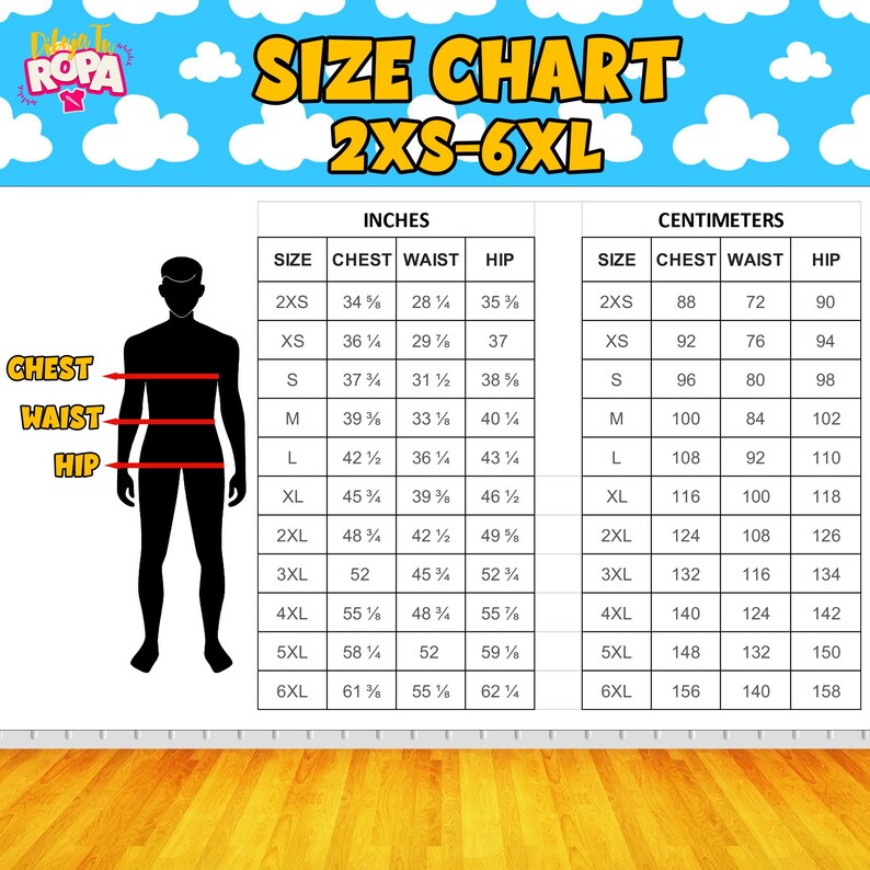 May include: A size chart for clothing, with measurements in inches and centimeters. The chart includes chest, waist, and hip measurements for sizes 2XS to 6XL. A silhouette indicates where to measure.