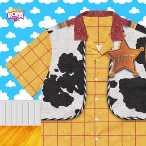 May include: A button-down shirt with a yellow and red plaid pattern, cow print, and a Sheriff badge. The shirt has a brown collar with a red diamond pattern. The background is a blue sky with white clouds.