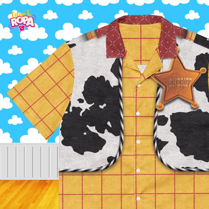 May include: A button-down shirt with a yellow and red plaid pattern, cow print, and a Sheriff badge. The shirt has a brown collar with a red diamond pattern. The background is a blue sky with white clouds.