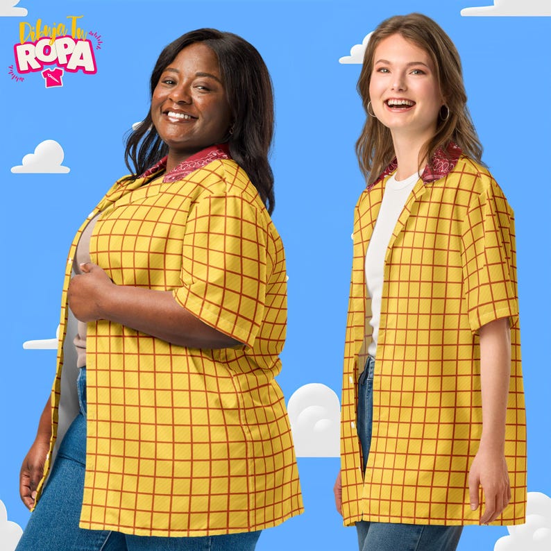 Może przedstawiać: Dwie osoby ubrane w ż&oacute;łte koszule zapinane na guziki z czerwonym wzorem w kratę, przypominające str&oacute;j postaci z kresk&oacute;wki. Koszule mają kr&oacute;tkie rękawy i czerwony kołnierz w stylu bandany. Tło to błękitne niebo z białymi chmurami.