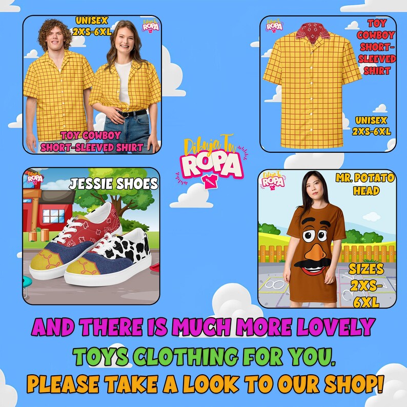 Może przedstawiać: Obraz promocyjny przedstawiający odzież o tematyce zabawek. Zawiera ż&oacute;łtą koszulę z kr&oacute;tkim rękawem w kratę, brązową sukienkę Mr. Potato Head i parę but&oacute;w Jessie. Na zdjęciu widać r&oacute;wnież dwie osoby ubrane w ż&oacute;łtą koszulę w kratę. Tekst na zdjęciu brzmi "Toy Cowboy Short-Sleeved Shirt", "Jessie Shoes" i "Mr. Potato Head".
