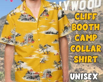 Vintage 1969 Yellow Camp Collar Shirt Replica, Retro Hawaiian Shirt, Japanese Landscape Aloha Print Unisex Top, Stunt Double Aesthetic