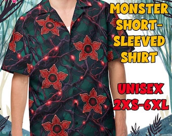 80s Sci-Fi Monster Hawaiian Shirt | Alternate Dimension Floral Button Down | Retro Horror Cosplay | Dark Geek Aesthetic | Plus Sizes 2XS-6XL