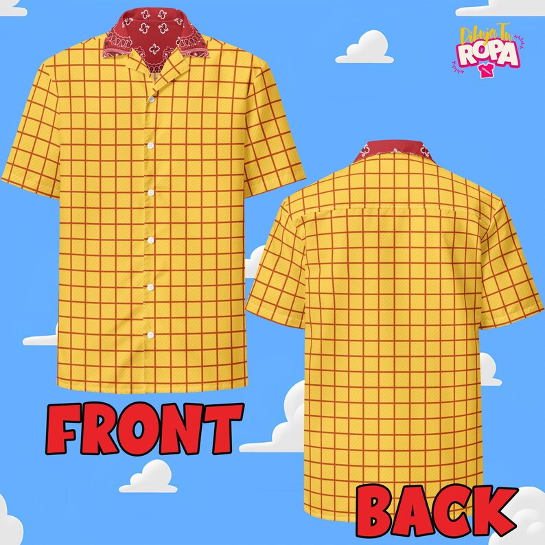 Może przedstawiać: Ż&oacute;łta koszula z kr&oacute;tkim rękawem z czerwonym wzorem w kratę, czerwonym kołnierzem w stylu bandany i białymi guzikami. Prz&oacute;d i tył koszuli są wyświetlane ze słowami "FRONT" i "BACK" na czerwono. Tło to niebieskie niebo z białymi chmurami.
