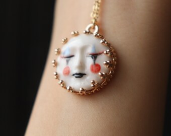 Handmade Ceramic Mask Sun Face Pendant, Hand Painted 18K Gold Sweater Chain Mother Day Gift, Doll Face
