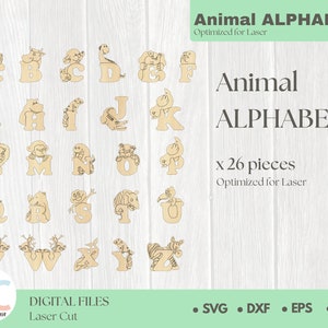 Laser cut A-Z lettres bébé alphabet animal lettres svg modèle Glowforge animaux aphabet dxf coupe  vecteur cnc téléchargement numérique