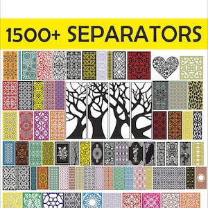 May include: A collection of decorative separators in various colors and patterns. The image features a variety of designs, including floral, geometric, and abstract shapes. The text "1500+ SEPARATORS" is displayed in yellow at the top.