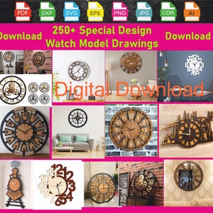 Puede incluir: Un collage de varios diseños de relojes, incluyendo estilos de madera, metal y decorativos. La imagen presenta relojes con números romanos, engranajes y formas únicas. El texto en la imagen dice "250+ Special Design Watch Model Drawings" y "Digital Download."