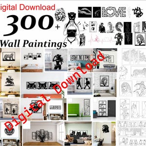 May include: Digital download of 300 wall paintings in various styles. The image features a variety of black and white wall art designs, including animal silhouettes, portraits, and abstract shapes. The text "Digital Download" is at the top.