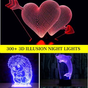 Puede incluir: Una colección de luces nocturnas de ilusión 3D. La imagen superior presenta dos luces rojas en forma de corazón atravesadas por una flecha. Debajo, ejemplos de un erizo azul y un delfín morado. Se muestra el texto "300+ 3D ILLUSION NIGHT LIGHTS".