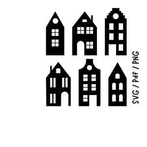 May include: A monochrome graphic featuring six house silhouettes with different rooflines and window patterns. The image includes the text "SVG / Pdf / PNG".