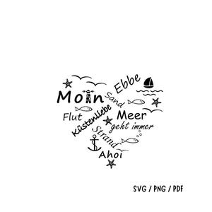 Könnte beinhalten: Schwarz-weiße herzförmige Grafik mit maritimen Elementen und deutschem Text. Das Design umfasst einen Leuchtturm, einen Anker, einen Fisch und ein Segelboot. Die Wörter "Moin", "Flut", "Ebbe", "Strand" und "Meer" sind sichtbar.