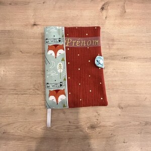 Customizable health record cover in orange double gauze cotton and &quot;fox&quot; cotton fabric, flex lettering