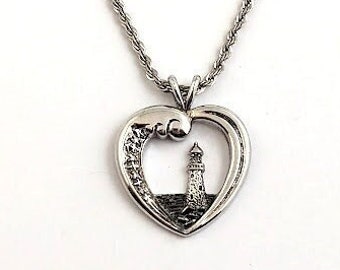 Vintage Sterling Silver Heart and Light House Necklace