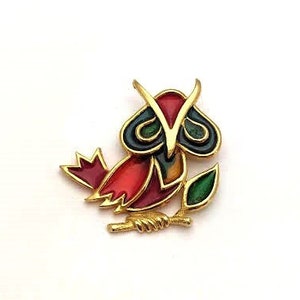 Vintage Plique-a-Jour Owl Brooch, Vintage Jewelry