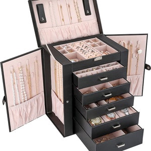 Black - Large Jewelry Box Necklace Earring Display Organizer 6 Layer Ring Storage Case - High Quality | Original Leather Jewellery Organizer