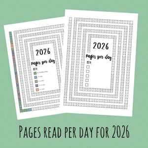 以下が含まれることがあります： 2026年の読書トラッカーが記載された2枚の白いページ。各ページには、各日のボックスがあるグリッドがあり、「pages per day」のテキストが記載されています。キーは色分けされた読書目標を示しています。「PAGES READ PER DAY FOR 2026」のテキストが一番下にあります。