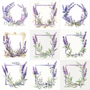 Peut inclure: Neuf illustrations à l'aquarelle de cadres floraux de lavande. Les cadres sont de styles différents, notamment une couronne, un cadre carré avec une bordure dorée et un simple cadre carré. Les cadres sont tous sur un fond blanc.