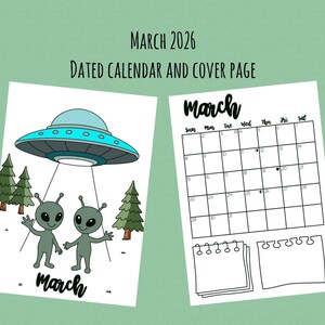 May include: A dated calendar and cover page for March 2026. The cover page features a cartoon illustration of two aliens and a UFO. The calendar page displays a monthly layout with dates and space for notes. The text "March" is written in a stylized font.