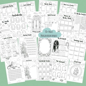 Può includere: Una raccolta di oltre 50 pagine stampabili per un diario di lettura a tema drago, con illustrazioni in bianco e nero di draghi, librerie e tracker di lettura con etichette di testo come Book Reviews e Reading Goals.